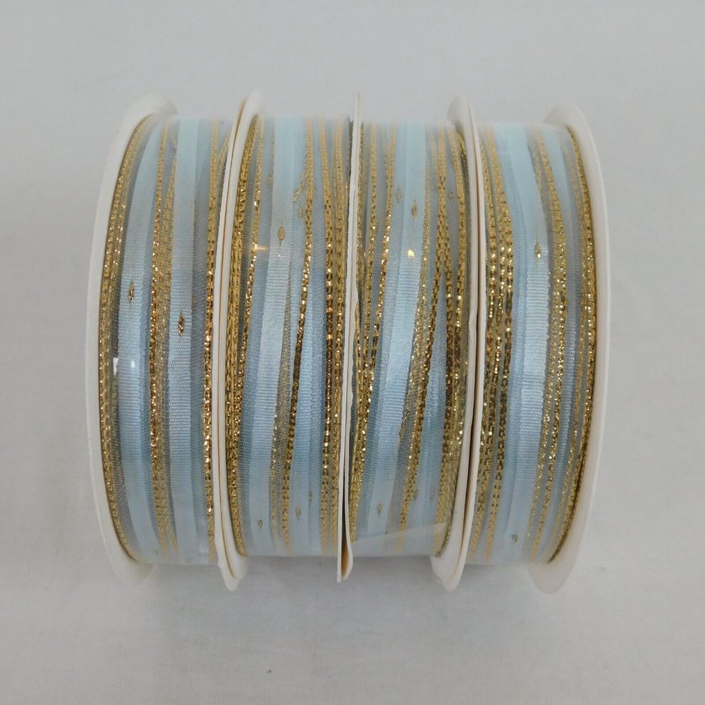 Bow Making Ribbon Lot of 4 Blue w/Gold Edges 1.5" Wide x 5 Yds Each Poly/Nylon